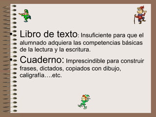 Libro de texto :  Insuficiente para que el alumnado adquiera las competencias básicas de la lectura y la escritura. Cuaderno:  Imprescindible para construir frases, dictados, copiados con dibujo, caligrafía….etc. 