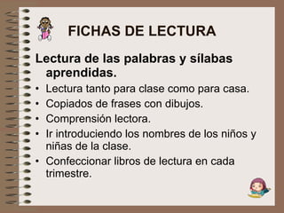FICHAS DE LECTURA Lectura de las palabras y sílabas aprendidas. Lectura tanto para clase como para casa. Copiados de frases con dibujos. Comprensión lectora. Ir introduciendo los nombres de los niños y niñas de la clase. Confeccionar libros de lectura en cada trimestre. 