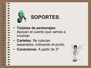 SOPORTES : Tarjetas de personajes : Apoyan el cuento que vamos a inventar. Carteles : Se colocan separados, indicando el punto. Conectores : A partir de 2º 