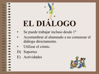 EL DIÁLOGO Se puede trabajar incluso desde 1º Acostumbrar al alumnado a no comenzar el diálogo directamente. Utilizar el cómic. Soportes Actividades 
