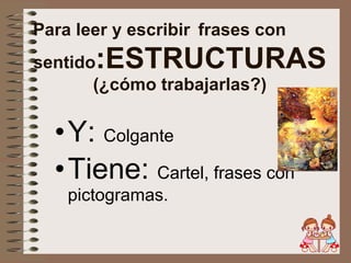 Para leer y escribir   frases con   sentido :ESTRUCTURAS (¿cómo trabajarlas?) Y:  Colgante Tiene:  Cartel, frases con pictogramas. 