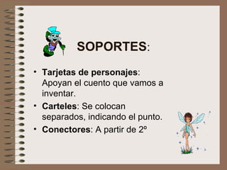 SOPORTES : Tarjetas de personajes : Apoyan el cuento que vamos a inventar. Carteles : Se colocan separados, indicando el punto. Conectores : A partir de 2º 