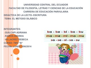 UNIVERSIDAD CENTRAL DEL ECUADOR
FACULTAD DE FILOSOFÍA, LETRAS Y CIENCIAS DE LA EDUCACIÓN
CARRERA DE EDUCACIÓN PARVULARIA
DIDACTICA DE LA LECTO- ESCRITURA
TEMA: EL METODO SILÁBICO
INTEGRANTES:
GUILCAPI ADRIANA
RAMOS ANDREA
VILLACREZ REBECA
CURSO: 7MO “B”
FECHA: LUNES 2/06/2014
 