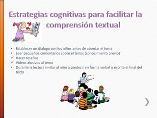 • Establecer un dialogo con los niños antes de abordar el tema 
• Leer pequeños comentarios sobre el tema: (conocimiento previo) 
 Hacer reseñas 
 Videos alusivos al tema 
• Durante la lectura invitar al niño a predecir en forma verbal o escrita el final del 
texto 
 