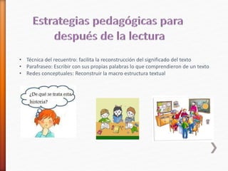 • Técnica del recuentro: facilita la reconstrucción del significado del texto 
• Parafraseo: Escribir con sus propias palabras lo que comprendieron de un texto 
• Redes conceptuales: Reconstruir la macro estructura textual 
 