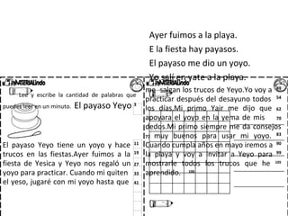 Ayer fuimos a la playa.
E la fiesta hay payasos.
El payaso me dio un yoyo.
Yo salí en yate a la playa.
Lee y escribe la cantidad de palabras que
puedes leer en un minuto. El payaso Yeyo 3
El payaso Yeyo tiene un yoyo y hace 11
trucos en las fiestas.Ayer fuimos a la 19
fiesta de Yesica y Yeyo nos regaló un 27
yoyo para practicar. Cuando mi quiten 33
el yeso, jugaré con mi yoyo hasta que 41
me salgan los trucos de Yeyo.Yo voy a 49
practicar después del desayuno todos 54
los días.Mi primo Yair me dijo que 62
apoyara el yoyo en la yema de mis 70
dedos.Mi primo siempre me da consejos
77 muy buenos para usar mi yoyo. 83
Cuando cumpla años en mayo iremos a 90
la playa y voy a invitar a Yeyo para 99
mostrarle todos los trucos que he 105
aprendido. 106
 