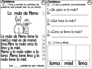 Lee y escribe la cantidad de
palabras que puedes leer en un minuto.
La mula de Memo
La mula de Memo lame la
miel.La miel es de mamá
Ema.Mimí la mula ama la
lima y la miel.
Memo y la mula salen a la
loma .Memo lame lima y la
mula lame la miel.
Leo _____ palabras por minuto.
4
10
16
22
26
33
39
43
Lee y contesta correctamente.
1.-¿De quién es la mula?
R= ________________________.
2.-¿Qué hace la mula?
R= ________________________.
3.-¿Cómo se llama la mula?
R= ________________________.
Lee y dibuja .
loma miel lima
 