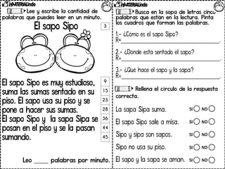 Lee y escribe la cantidad de
palabras que puedes leer en un minuto.
El sapo Sipo
El sapo Sipo es muy estudioso,
suma las sumas sentado en su
piso. El sapo usa su piso y se
pone a hacer sus sumas.
El sapo Sipo y la sapa Sipa se
posan en el piso y se la pasan
sumando.
Leo _____ palabras por minuto.
3
9
15
23
28
36
44
45
Busca en la sopa de letras cinco
palabras que están en la lectura. Pinta
los cuadros que forman las palabras.
1.- ¿Cómo es el sapo Sipo?
R=___________________________________.
2.- ¿Dónde está sentado el sapo?
R=___________________________________.
3.- ¿Qué hace el sapo y la sapa?
R=___________________________________.
Rellena el círculo de la respuesta
correcta.
La sapa Sipa suma.
El sapo Sipo sale a misa.
Sipo y sipa son sapos.
Sipo no usa su piso.
El sapo y la sapa se aman.
 