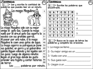 Lee y escribe la cantidad de
palabras que puedes leer en un minuto.
La maga Magulína
La maga Magulina sale con su mejor
amigo el gato Gus. Cuando la maga
vuela por el aire,el gato Gus agarra la
escoba con sus grandes garras.
Al pasar por una nube, a la maga
Magulína le caen unas gotas de agua.
La maga agarra su paraguas,se pone
sus guantes, un gorro y su gabardina
guinda.Siguen volando y las águilas son
sus guías. Luego de algunos minutos
llegan al gran lago donde les gusta
prender una fogata y contar historias
de terror.
Leo _____ palabras por minuto.
Contesta las preguntas.
Escribe las palabras que
encontraste.
Busca en la sopa de letras las
palabras y completa las oraciones.
1.- La maga se llama ____________.
2.- Su mejor amigo es un _________.
3.- Vuela con una _____________.
4.- Sus guías son _____________.
5.- Llegan a un _______________.
3
10
17
26
31
39
46
53
60
67
73
80
86
88
G A T O Q I M
W G D Y T P A
E U F I E K G
T I G O R G U
U L A G O D L
O A K I L V I
T S L U E X N
G E S C O B A
1
2
3
4
5
 
