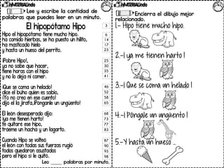 Lee y escribe la cantidad de
palabras que puedes leer en un minuto.
El hipopótamo Hipo
Hipo el hipopótamo tiene mucho hipo.
ha comido hierbas, se ha puesto un hilito,
ha masticado hielo
y hasta un hueso del perrito.
¡Pobre Hipo!,
ya no sabe que hacer,
tiene horas con el hipo
y no lo deja ni comer.
¡Que se coma un helado!
dice el búho quien es sabio,
¡Yo no creo en ese cuento!
dijo el la jirafa,¡Pónganle un ungüento!
El león desesperado dijo:
¡ya me tienen harto!
te quitaré ese hipo,
tráeme un hacha y un lagarto.
Cuando Hipo se volteó
el león con todas sus fuerzas rugió
todos quedaron asustados
pero el hipo sí le quitó.
Leo _____ palabras por minuto.
Encierra el dibujo mejor
relacionado.
1.- Hipo tiene mucho hipo.
2.-¡ ya me tienen harto !
3.-¡ Que se coma un helado !
4.-¡ Póngale un ungüento !
5.-Y hasta un hueso …
3
6
14
17
23
25
30
35
41
46
52
58
65
68
73
77
83
87
90
93
98
 