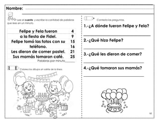 62
Lee el cuento y escribe la cantidad de palabras Contesta las preguntas.
que lees en un minuto.
Felipe y Fela fueron 4
a la fiesta de Fidel. 9
Felipe tomó las fotos con su 15
teléfono. 16
Les dieron de comer pastel. 21
Sus mamás tomaron café. 25
Palabras por minuto_______
Colorea los dibujos sin salirte de la línea.
Nombre:
1.-¿A dónde fueron Felipe y Fela?
2.-¿Qué hizo Felipe?
______________________________
3.-¿Qué les dieron de comer?
______________________________
4.-¿Qué tomaron sus mamás?
______________________________
 