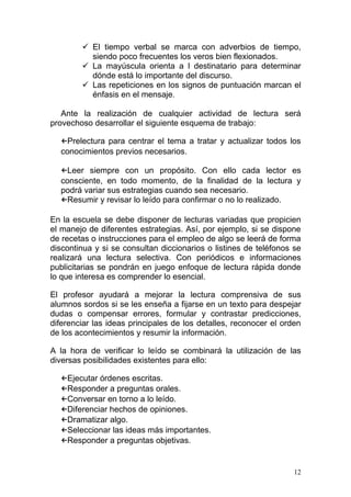  El tiempo verbal se marca con adverbios de tiempo,
          siendo poco frecuentes los veros bien flexionados.
         La mayúscula orienta a l destinatario para determinar
          dónde está lo importante del discurso.
         Las repeticiones en los signos de puntuación marcan el
          énfasis en el mensaje.

   Ante la realización de cualquier actividad de lectura será
provechoso desarrollar el siguiente esquema de trabajo:

  ←Prelectura para centrar el tema a tratar y actualizar todos los
  conocimientos previos necesarios.

  ←Leer siempre con un propósito. Con ello cada lector es
  consciente, en todo momento, de la finalidad de la lectura y
  podrá variar sus estrategias cuando sea necesario.
  ←Resumir y revisar lo leído para confirmar o no lo realizado.

En la escuela se debe disponer de lecturas variadas que propicien
el manejo de diferentes estrategias. Así, por ejemplo, si se dispone
de recetas o instrucciones para el empleo de algo se leerá de forma
discontinua y si se consultan diccionarios o listines de teléfonos se
realizará una lectura selectiva. Con periódicos e informaciones
publicitarias se pondrán en juego enfoque de lectura rápida donde
lo que interesa es comprender lo esencial.

El profesor ayudará a mejorar la lectura comprensiva de sus
alumnos sordos si se les enseña a fijarse en un texto para despejar
dudas o compensar errores, formular y contrastar predicciones,
diferenciar las ideas principales de los detalles, reconocer el orden
de los acontecimientos y resumir la información.

A la hora de verificar lo leído se combinará la utilización de las
diversas posibilidades existentes para ello:

  ←Ejecutar órdenes escritas.
  ←Responder a preguntas orales.
  ←Conversar en torno a lo leído.
  ←Diferenciar hechos de opiniones.
  ←Dramatizar algo.
  ←Seleccionar las ideas más importantes.
  ←Responder a preguntas objetivas.


                                                                   12
 
