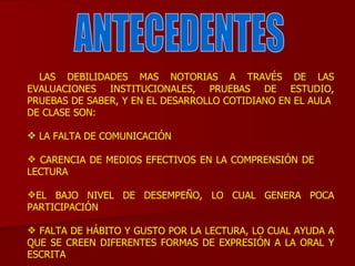 ANTECEDENTES LAS DEBILIDADES MAS NOTORIAS A TRAVÉS DE LAS EVALUACIONES INSTITUCIONALES, PRUEBAS DE ESTUDIO, PRUEBAS DE SABER, Y EN EL DESARROLLO COTIDIANO EN EL AULA  DE CLASE SON: LA FALTA DE COMUNICACIÓN  CARENCIA DE MEDIOS EFECTIVOS EN LA COMPRENSIÓN DE  LECTURA EL BAJO NIVEL DE DESEMPEÑO, LO CUAL GENERA POCA PARTICIPACIÓN  FALTA DE HÁBITO Y GUSTO POR LA LECTURA, LO CUAL AYUDA A QUE SE CREEN DIFERENTES FORMAS DE EXPRESIÓN A LA ORAL Y ESCRITA  