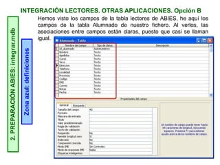 INTEGRACIÓN LECTORES. OTRAS APLICACIONES. Opción B2.PREPARACIÓNABIES:integrar.mdb
Zonaazul:definiciones
Hemos visto los campos de la tabla lectores de ABIES, he aquí los
campos de la tabla Alumnado de nuestro fichero. Al verlos, las
asociaciones entre campos están claras, puesto que casi se llaman
igual.
 