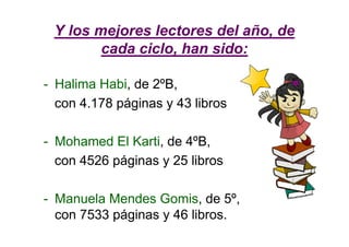 Y los mejores lectores del año, de
cada ciclo, han sido:
- Halima Habi, de 2ºB,
con 4.178 páginas y 43 libros
- Mohamed El Karti, de 4ºB,
con 4526 páginas y 25 libros
- Manuela Mendes Gomis, de 5º,
con 7533 páginas y 46 libros.