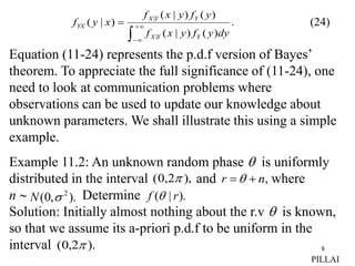 8
Equation (11-24) represents the p.d.f version of Bayes’
theorem. To appreciate the full significance of (11-24), one
need to look at communication problems where
observations can be used to update our knowledge about
unknown parameters. We shall illustrate this using a simple
example.
Example 11.2: An unknown random phase  is uniformly
distributed in the interval and where
n  Determine
Solution: Initially almost nothing about the r.v  is known,
so that we assume its a-priori p.d.f to be uniform in the
interval
.
)
(
)
|
(
)
(
)
|
(
)
|
(
|
|






dy
y
f
y
x
f
y
f
y
x
f
x
y
f
Y
Y
X
Y
Y
X
YX (24)
),
2
,
0
(  ,
n
r 

).
,
0
( 2

N ).
|
( r
f 
).
2
,
0
( 
PILLAI
 