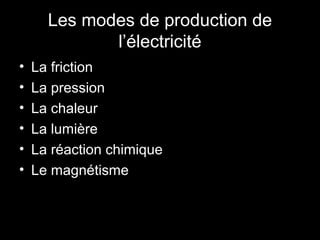 Les modes de production de
Les
l’électricité
•
•
•
•
•
•

La friction
La pression
La chaleur
La lumière
La réaction chimique
Le magnétisme

 