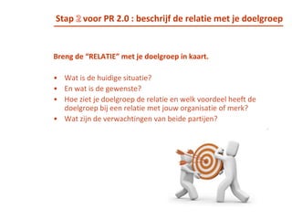 	Wat zeggen en schrijven ze over je? Bijvoorbeeld: 	Monitor online conversatie van je doelgroep via tools zoals 	Google/alerts en Technocrati. 	Zoek regelmatig via Google op de naam van je organisatie, dienst of 	product én op keywords die je doelgroep gebruikt