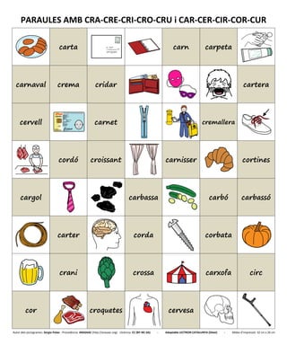 PARAULES AMB CRA-CRE-CRI-CRO-CRU i CAR-CER-CIR-COR-CUR
carta carn carpeta
carnaval crema cridar cartera
cervell carnet cremallera
cordó croissant carnisser cortines
cargol carbassa carbó carbassó
carter corda corbata
crani crossa carxofa circ
cor croquetes cervesa
Autor dels pictogrames: Sergio Palao - Procedència: ARASAAC (http://arasaac.org) - Llicència: CC (BY-NC-SA) - Adaptable LECTRON CATALUNYA (Diset) - Mides d’impressió: 32 cm x 26 cm
 