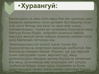  Биогеоценоз нь маш олон амьд бие өвч цугалсан шим
мандлын давхрааны нэгэн ургамал бүлгэмдэлд тусах
эгэл хэсэг бөгөөд энэ хэсэг нь орон зайн хувьд
хязгаарлагдмал, түүхэн урт хугацаанд бүрэлдсэн амьд
биетүүд болон бодис, энергийн солилцоо байнга
явуулдаг амьгүй орчин хоѐрын хооронд нэгдмэл нэгэн
жигд байгалийн тогтолцоо юм.
Биогеоценозын нэг онцлог шинж түүний бүх
бүрдүүлэгчид нь хоорондоо харилцан холбоотой, бие
биенээсээ хамаарч байдаг. Мэдээж, цаг уур хөрсний
хүчин зүйлүүдийн горим, өөрчлөлтүүд, амьд
организмуудын амьдрах орчинд бүхэлд нь нөлөөлдөг.
Бүх амьд организмууд өөр хоорондоо нягт уялдаа
холбоотой байдаг эсвэл идэш тэжээлийн эх булаг,
эсвэл амьдрах орчин, эсвэл үхлийн шалтгаан болдог.
•Хураангуй:
 