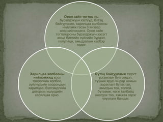 Орон зайн тогтоц нь:
бүрэлдэхүүн хэсгүүд, бүтэц
байгууламж, харилцаа холбооны
нийлэмж гэсэн 3 янзаар
илэрхийлэгдэнэ. Орон зайн
тогтолцооны бүрэлдэхүүн хэсэгт
амьд биетийн зүйлийн бүрдэл,
популяци, амьдралын хэлбэр
ордог.
Бүтэц байгууламж гэдэгт
ургамлын бүлгэмдэл,
түүний ярус /өндөр намын
зэрэглэл/ бүлэглэл,
амьтдын тоо, толгой,
бүтээмж, нэгж талбайд
ноогдох тоо, хэмжээ зэрэг
үзүүлэлт багтдаг.
Харилцаа холбооны
нийлэмжид хоол
тэжээлийн холбоо,
зүйлүүдийн хоорондын
харилцаа, бүлгэмдлийн
доторхи гишүүдийн
харилцаа орно.
 