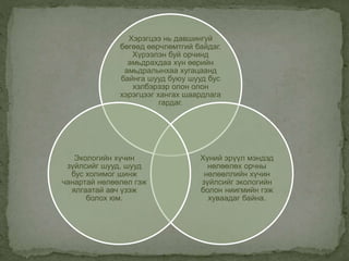 Хэрэгцээ нь давшингуй
бөгөөд өөрчлөмтгий байдаг.
Хүрээлэн буй орчинд
амьдрахдаа хүн өөрийн
амьдралынхаа хугацаанд
байнга шууд буюу шууд бус
хэлбэрээр олон олон
хэрэгцээг хангах шаардлага
гардаг.
Хүний эрүүл мэндэд
нөлөөлөх орчны
нөлөөллийн хүчин
зүйлсийг экологийн
болон ниигмийн гэж
хуваадаг байна.
Экологийн хүчин
зүйлсийг шууд, шууд
бус холимог шинж
чанартай нөлөөлөл гэж
ялгаатай авч үзэж
болох юм.
 