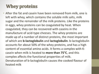 Whey proteins
• After the fat and casein have been removed from milk, one is
left with whey, which contains the soluble milk salts, milk
sugar and the remainder of the milk proteins. Like the proteins
in eggs, whey proteins can be coagulated by heat. When
coagulated, they can be recovered with caseins in the
manufacture of acid-type cheeses. The whey proteins are
made up of a number of distinct proteins, the most important
of which are b-lactoglobulin and lactoglobulin. b-lactoglobulin
accounts for about 50% of the whey proteins, and has a high
content of essential amino acids. It forms a complex with Κ-
casein when milk is heated to more than 75°C, and this
complex affects the functional properties of milk.
Denaturation of b-lactoglobulin causes the cooked flavour of
heated milk
 