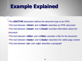 Example Explained
10
The DOCTYPE declaration defines the document type to be HTML
The text between <html> and </html> describes an HTML document
The text between <head> and </head> provides information about the
document
The text between <title> and </title> provides a title for the document
The text between <body> and </body> describes the visible page content
The text between <p> and </p> describes a paragraph
 