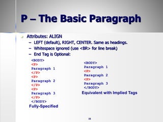 16
P – The Basic Paragraph
 Attributes: ALIGN
– LEFT (default), RIGHT, CENTER. Same as headings.
– Whitespace ignored (use <BR> for line break)
– End Tag is Optional:
<BODY>
<P>
Paragraph 1
</P>
<P>
Paragraph 2
</P>
<P>
Paragraph 3
</P>
</BODY>
Fully-Specified
<BODY>
Paragraph 1
<P>
Paragraph 2
<P>
Paragraph 3
</BODY>
Equivalent with Implied Tags
 