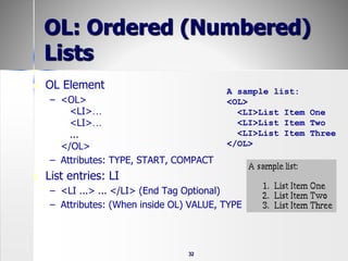 32
OL: Ordered (Numbered)
Lists
 OL Element
– <OL>
<LI>…
<LI>…
...
</OL>
– Attributes: TYPE, START, COMPACT
 List entries: LI
– <LI ...> ... </LI> (End Tag Optional)
– Attributes: (When inside OL) VALUE, TYPE
A sample list:
<OL>
<LI>List Item One
<LI>List Item Two
<LI>List Item Three
</OL>
 