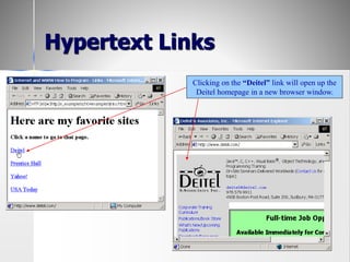Hypertext Links
Clicking on the “Deitel” link will open up the
Deitel homepage in a new browser window.
 