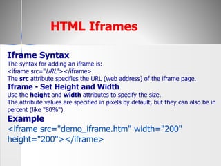 Iframe Syntax
The syntax for adding an iframe is:
<iframe src="URL"></iframe>
The src attribute specifies the URL (web address) of the iframe page.
Iframe - Set Height and Width
Use the height and width attributes to specify the size.
The attribute values are specified in pixels by default, but they can also be in
percent (like "80%").
Example
<iframe src="demo_iframe.htm" width="200"
height="200"></iframe>
HTML Iframes
 