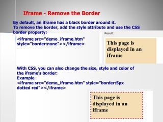 <iframe src="demo_iframe.htm"
style="border:none"></iframe>
By default, an iframe has a black border around it.
To remove the border, add the style attribute and use the CSS
border property:
With CSS, you can also change the size, style and color of
the iframe's border:
Example
<iframe src="demo_iframe.htm" style="border:5px
dotted red"></iframe>
Iframe - Remove the Border
 