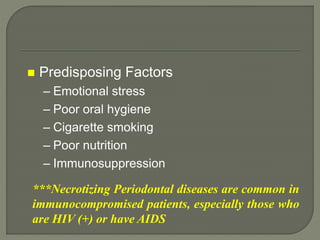  Predisposing Factors
– Emotional stress
– Poor oral hygiene
– Cigarette smoking
– Poor nutrition
– Immunosuppression
***Necrotizing Periodontal diseases are common in
immunocompromised patients, especially those who
are HIV (+) or have AIDS
 