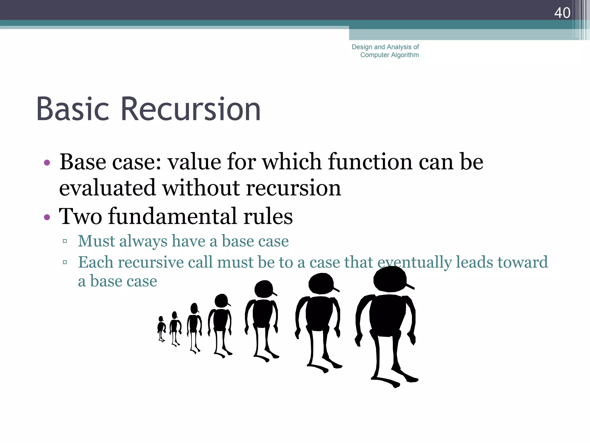 Basic  Recursion Base case: value for which function can be evaluated without recursion Two fundamental rules Must always have a base case Each recursive call must be to a case that eventually leads toward a base case Design and Analysis of Computer Algorithm 