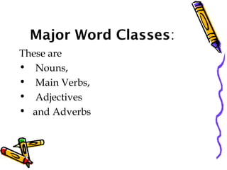 Major Word Classes:
These are
• Nouns,
• Main Verbs,
• Adjectives
• and Adverbs
 