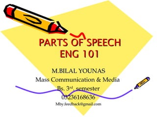 PARTS OF SPEECHPARTS OF SPEECH
ENG 101ENG 101
M.BILAL YOUNASM.BILAL YOUNAS
Mass Communication & Media
Bs. 3rd
. semester
03236168636
Mby.feedback@gmail.comMby.feedback@gmail.com
 