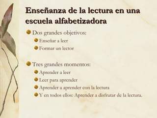 Enseñanza de la lectura en unaEnseñanza de la lectura en una
escuela alfabetizadoraescuela alfabetizadora
Dos grandes objetivos:
Enseñar a leer
Formar un lector
Tres grandes momentos:
Aprender a leer
Leer para aprender
Aprender a aprender con la lectura
Y en todos ellos: Aprender a disfrutar de la lectura.
 