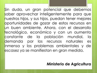 Sin duda, un gran potencial que debemos 
saber aprovechar inteligentemente para que 
nuestros hijos, y sus hijos, puedan tener mejores 
oportunidades de gozar de estos recursos en 
un buen ambiente. Ahora, con el desarrollo 
tecnológico, económico y con un aumento 
constante de la población mundial, la 
demanda por los recursos naturales es 
inmensa y los problemas ambientales y de 
escasez ya se manifiestan en gran medida. 
Ministerio de Agricultura 

