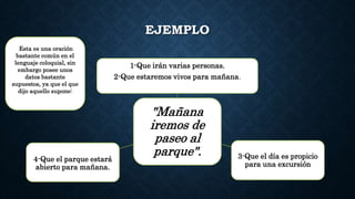 EJEMPLO
"Mañana
iremos de
paseo al
parque".
1-Que irán varias personas.
2-Que estaremos vivos para mañana.
3-Que el día es propicio
para una excursión
4-Que el parque estará
abierto para mañana.
Esta es una oración
bastante común en el
lenguaje coloquial, sin
embargo posee unos
datos bastante
supuestos, ya que el que
dijo aquello supone:
 