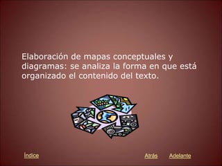 Elaboración de mapas conceptuales y
diagramas: se analiza la forma en que está
organizado el contenido del texto.
Atrás Adelante
Índice
 