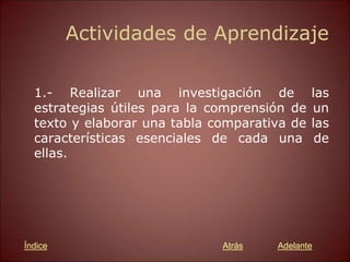 Actividades de Aprendizaje
1.- Realizar una investigación de las
estrategias útiles para la comprensión de un
texto y elaborar una tabla comparativa de las
características esenciales de cada una de
ellas.
Atrás Adelante
Índice
 