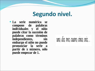 Segundo nivel. La serie numérica se compone de palabras individuales y el niño puede citar la sucesión de palabras como términos independientes, sin embargo el niño no puede pronunciar la serie a partir de x número, sólo puede empezar de 1. 