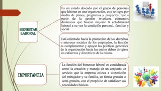 BIENESTAR
LABORAL
Es un estado deseado por el grupo de personas
que laboran en una organización, este se logra por
medio de planes, programas y proyectos, que a
partir de la gestión involucra elementos
dinámicos que buscan mejorar la cotidianidad
laboral a su vez la condición personal, familiar y
social
Está orientado hacia la protección de los derechos
o intereses sociales de los empleados, la función
es complementar y apoyar las políticas generales
de la organización hacia las cuales deben dirigirse
los esfuerzos y directrices de la misma.
IMPORTANCIA
La función del bienestar laboral es considerada
como la creación y manejo de un conjunto de
servicio que la empresa coloca a disposición
del trabajador y su familia, en forma gratuita o
semi-gratuita, con el propósito de satisfacer sus
necesidades básicas.
 