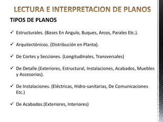 TIPOS DE PLANOS
 Estructurales. (Bases En Angulo, Buques, Arcos, Parales Etc.).
 Arquitectónicos. (Distribución en Planta).
 De Cortes y Secciones. (Longitudinales, Transversales)
 De Detalle.(Exteriores, Estructural, Instalaciones, Acabados, Muebles
y Accesorios).
 De Instalaciones. (Eléctricas, Hidro-sanitarias, De Comunicaciones
Etc.)
 De Acabados.(Exteriores, Interiores)
 