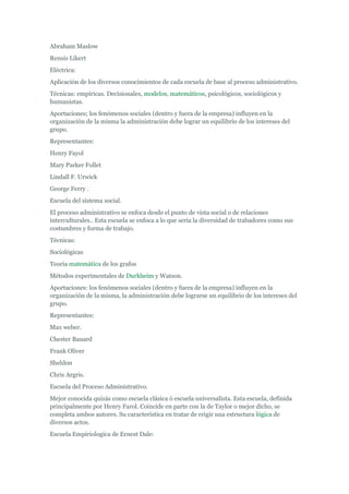 Abraham Maslow
Rensis Likert
Eléctrica:
Aplicación de los diversos conocimientos de cada escuela de base al proceso administrativo.
Técnicas: empíricas. Decisionales, modelos, matemáticos, psicológicos, sociológicos y
humanistas.
Aportaciones; los fenómenos sociales (dentro y fuera de la empresa) influyen en la
organización de la misma la administración debe lograr un equilibrio de los intereses del
grupo.
Representantes:
Henry Fayol
Mary Parker Follet
Lindall F. Urwick
George Ferry .
Escuela del sistema social.
El proceso administrativo se enfoca desde el punto de vista social o de relaciones
interculturales.. Esta escuela se enfoca a lo que seria la diversidad de trabadores como sus
costumbres y forma de trabajo.
Técnicas:
Sociológicas
Teoría matemática de los grafos
Métodos experimentales de Durkheim y Watson.
Aportaciones: los fenómenos sociales (dentro y fuera de la empresa) influyen en la
organización de la misma, la administración debe lograrse un equilibrio de los intereses del
grupo.
Representantes:
Max weber.
Chester Banard
Frank Oliver
Sheldon
Chris Argris.
Escuela del Proceso Administrativo.
Mejor conocida quizás como escuela clásica ó escuela universalista. Esta escuela, definida
principalmente por Henry Farol. Coincide en parte con la de Taylor o mejor dicho, se
completa ambos autores. Su característica en tratar de erigir una estructura lógica de
diversos actos.
Escuela Empiriologica de Ernest Dale:
 