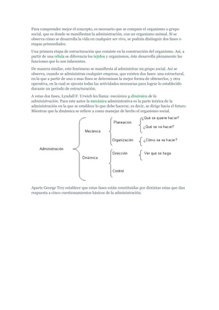 Para comprender mejor el concepto, es necesario que se compare el organismo o grupo
social, que es donde se manifiestan la administración, con un organismo animal. Si se
observa cómo se desarrolla la vida en cualquier ser vivo, se podrán distinguir dos fases o
etapas primordiales:
Una primera etapa de estructuración que consiste en la construcción del organismo. Así, a
partir de una célula se diferencia los tejidos y organismos, éste desarrolla plenamente las
funciones que lo son inherentes.
De manera similar, este fenómeno se manifiesta al administrar un grupo social. Así se
observa, cuando se administran cualquier empresa, que existen dos fases: una estructural,
en la que a partir de uno o mas fines se determinan la mejor forma de obtenerlos, y otra
operativa, en la cual se ejecuta todas las actividades necesarias para lograr lo establecido
durante un periodo de estructuración.
A estas dos fases, Lyndall F. Urwich les llama: mecánica y dinámica de la
administración. Para este autor la mecánica administrativa es la parte teórica de la
administración en la que se establece lo que debe hacerse, es decir, se dirige hacia el futuro.
Mientras que la dinámica se refiere a como manejar de hecho el organismo social.




Aparte George Trry establece que estas fases están constituidas por distintas estas que dan
respuesta a cinco cuestionamientos básicos de la administración.
 