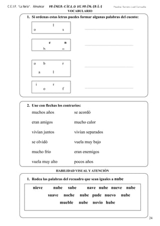 C.E.I.P. “La Noria”. Almuñécar PRIMER CICLO DE PRIMARIA Maestro: Ramón Leal Camacho
24
VOCABULARIO
1. Si ordenas estas letras puedes formar algunas palabras del cuento:
2. Une con flechas los contrarios:
muchos años se acordó
eran amigos mucho calor
vivían juntos vivían separados
se olvidó vuela muy bajo
mucho frío eran enemigos
vuela muy alto pocos años
HABILIDAD VISUAL Y ATENCIÓN
1. Rodea las palabras del recuadro que sean iguales a nube
nieve nube sube nave nube nueve nube
suave noche nube pude nuevo nube
mueble nube novio hube
i r
o f
o b r
a l
e n
b u
l
o s
 