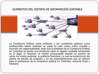 ELEMENTOS DEL SISTEMA DE INFORMACIÓN CONTABLE




La Contaduría Pública como profesión y los contadores públicos como
profesionales deben entender su papel en este nuevo orden mundial y
asumirlo con responsabilidad, dado que la profesión de la Contaduría Pública
en Colombia ha tenido una tendencia hacia el registro contable enmarcado
en lo legal, lo tributario, el control presupuestal basado en precios de
venta, los costos estándar, la auditoría financiera. Lo cual se evidencia en los
planes de estudio de pregrado y en las especializaciones que se ofrecen
para el profesional de la contaduría pública en Colombia: revisoría fiscal y
tributaria.
 