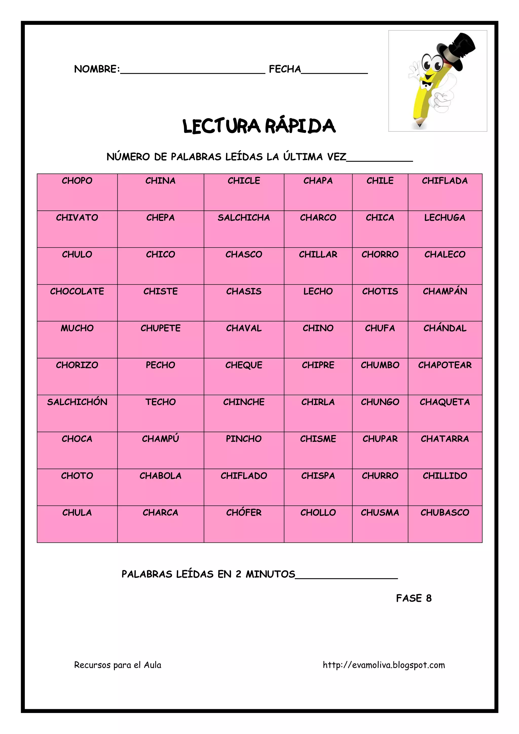 Recursos para el Aula http://evamoliva.blogspot.com
NOMBRE:________________________ FECHA___________
LECTURA RÁPIDALECTURA RÁPIDALECTURA RÁPIDALECTURA RÁPIDA
NÚMERO DE PALABRAS LEÍDAS LA ÚLTIMA VEZ___________
CHOPO CHINA CHICLE CHAPA CHILE CHIFLADA
CHIVATO CHEPA SALCHICHA CHARCO CHICA LECHUGA
CHULO CHICO CHASCO CHILLAR CHORRO CHALECO
CHOCOLATE CHISTE CHASIS LECHO CHOTIS CHAMPÁN
MUCHO CHUPETE CHAVAL CHINO CHUFA CHÁNDAL
CHORIZO PECHO CHEQUE CHIPRE CHUMBO CHAPOTEAR
SALCHICHÓN TECHO CHINCHE CHIRLA CHUNGO CHAQUETA
CHOCA CHAMPÚ PINCHO CHISME CHUPAR CHATARRA
CHOTO CHABOLA CHIFLADO CHISPA CHURRO CHILLIDO
CHULA CHARCA CHÓFER CHOLLO CHUSMA CHUBASCO
PALABRAS LEÍDAS EN 2 MINUTOS_________________
FASE 8
 